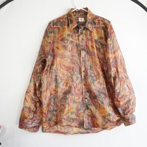 Age Italy Mens Sheer Paisley Button Down Shirt Orange Grey Crinkle Textured XL